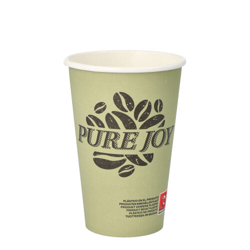 Ein grüner Einweg-Pappbecher der PAPSTAR GmbH (0,3 l, Ø 8 cm, H 11,7 cm) mit dem Schriftzug „PURE JOY“, einer Kaffeebohnengrafik, einem kleinen roten Logo und feinem Druck im Pure Joy-Design auf weißem Hintergrund. Verkauft im 20er-Pack.