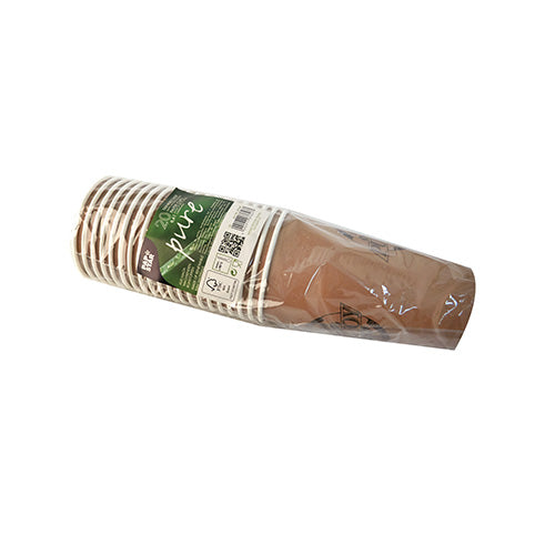 Ein Stapel PAPSTAR 20 Trinkbecher, Pappe 0,4 l von PAPSTAR GmbH ist in klarer Plastikverpackung mit grün-weißem Etikett verpackt. Die umweltfreundlichen Becher liegen waagerecht vor weißem Hintergrund.