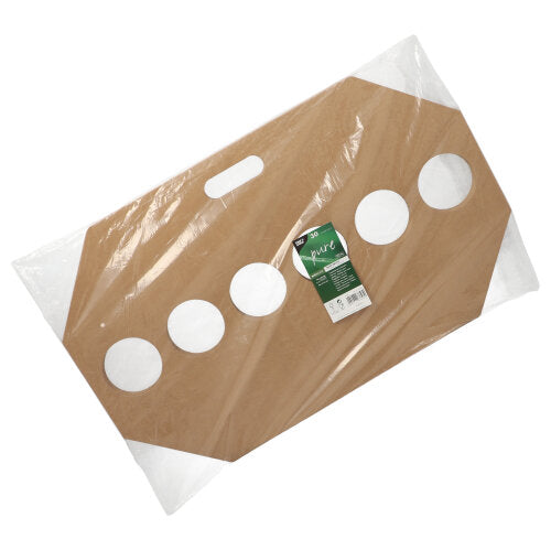 Das PAPSTAR 30 Tragetablett aus brauner Pappe (12x9,5x62cm) für 6 Becher wird umweltfreundlich in Schrumpffolie mit grün-weißem Etikett verpackt. Enthält 30 Stück, hergestellt von PAPSTAR GmbH.