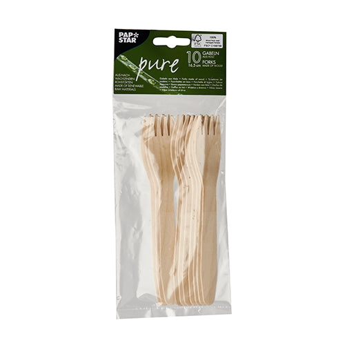 In einer transparenten Kunststoffverpackung befinden sich zehn hellbraune PAPSTAR 10 Gabeln, Holz „pure“ der PAPSTAR GmbH aus nachhaltigem Holz. Das grün-weiße Etikett zeigt Marken- und Produktnamen; alle Gabeln sind ordentlich gestapelt.