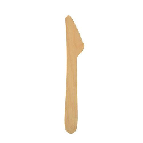 Ein einzelnes PAPSTAR 10 Messer, Holz „pure“ der PAPSTAR GmbH mit flachem Griff und teilweise gezackter Schneide, abgebildet vor schlichtem weißem Hintergrund.
