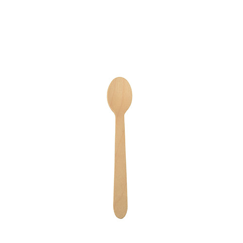 Ein PAPSTAR 10 Kaffee- und Dessertlöffel, Holz "pure" 11 cm Löffel der PAPSTAR GmbH steht zentriert auf weißem Grund und zeigt sein umweltfreundliches Holz, die runde Laffe und den flachen Griff. Die Verpackung enthält 10 Stück pro Beutel.