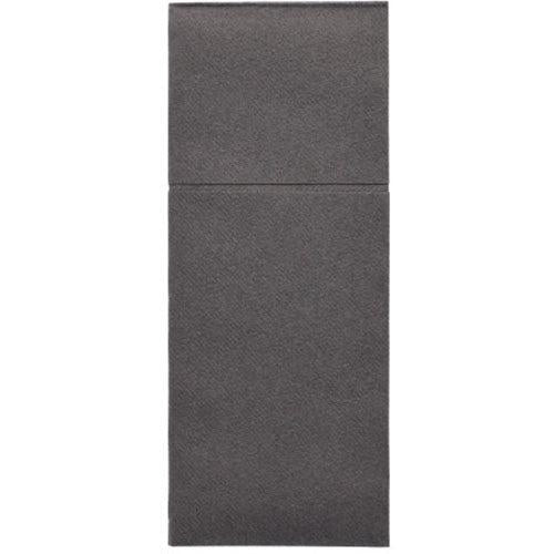 A rectangular, vertical artwork divided into two textured dark gray areas reminiscent of the refined style of the Starpak 100 cutlery pouches made of airlaid (40 x 48 cm with cutlery fold) by Starpak.