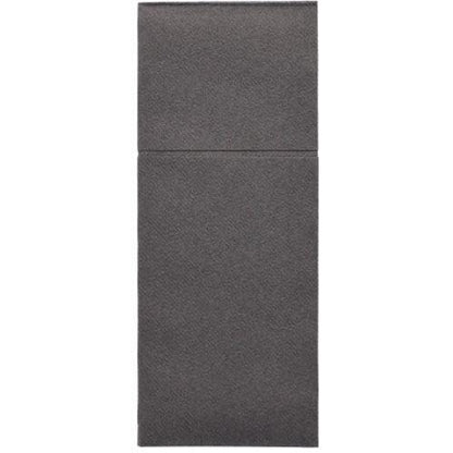 A rectangular, vertical artwork divided into two textured dark gray areas reminiscent of the refined style of the Starpak 100 cutlery pouches made of airlaid (40 x 48 cm with cutlery fold) by Starpak.