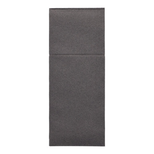 Die Starpak 100 Bestecktaschen, Airlaid 40×48cm mit Besteckfalz, sind eine dunkelgraue, rechteckige, strukturierte Matte, die durch eine horizontale Linie geteilt und flach auf weißem Hintergrund dargestellt wird – ideal für moderne Tischdekoration.