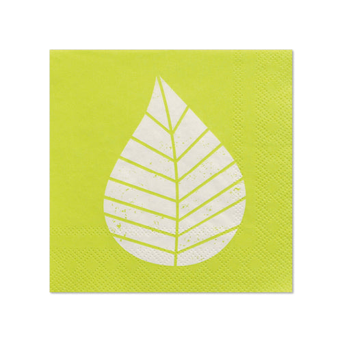 Die PAPSTAR 20 Servietten (25x25 cm, 3-lagig, 1/4-Falz) der PAPSTAR GmbH verfügen über ein grünes Design mit einem kräftigen weißen stilisierten Blatt in Form eines Wassertropfens – ideal für eine einzigartige Tischdekoration.