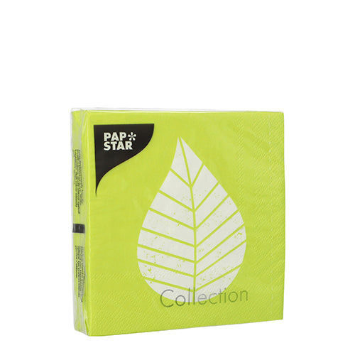 PAPSTAR GmbH 20 Servietten, 25x25 cm, 3-lagig und 1/4-Falz mit hellgrünem Design, weißem Blattmotiv und „Collection“-Aufdruck – ideal für stilvolle Tischdekoration.