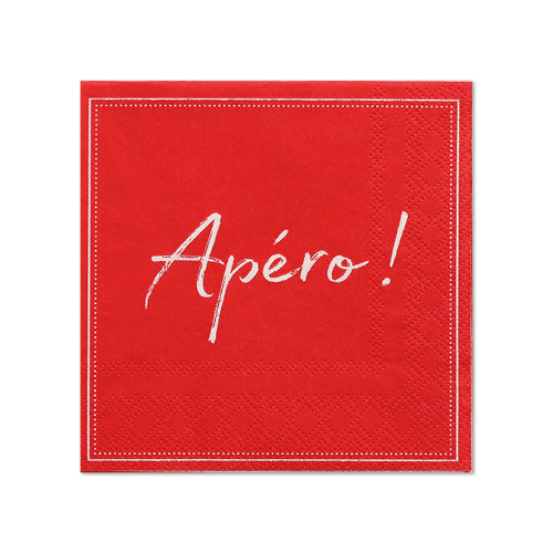 Eine Packung mit 20 roten 3-lagigen Servietten (25 x 25 cm, 1/4-Falz) der PAPSTAR GmbH mit weißem Rand und „Apéro!“ in weißer Schreibschrift in der Mitte.