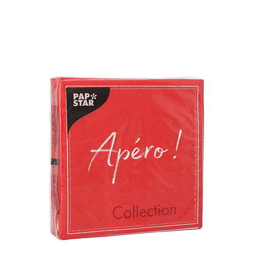 Eine rote Packung PAPSTAR 3-lagige Servietten (20 Stück, 25 cm x 25 cm, 1/4 Falz) in einer Kunststoffverpackung. Oben links steht „PAPSTAR“, auf der Vorderseite steht in weißer Schrift „Apéro! Collection“.