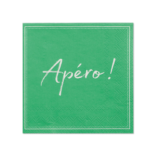 Die PAPSTAR 20 Servietten (25x25 cm, 3-lagig, 1/4-Falz) der PAPSTAR GmbH präsentieren sich im grünen Design mit weißer Steppnaht und dem Schriftzug „Apéro!“ – ideal für die stilvolle Tischdekoration bei jeder Zusammenkunft.