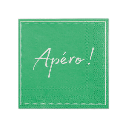 The PAPSTAR 20 napkins (25x25 cm, three-ply, 1/4 fold) from PAPSTAR GmbH present a green design with white stitching and the inscription "Apéro!" - ideal for stylish table decoration at any gathering.