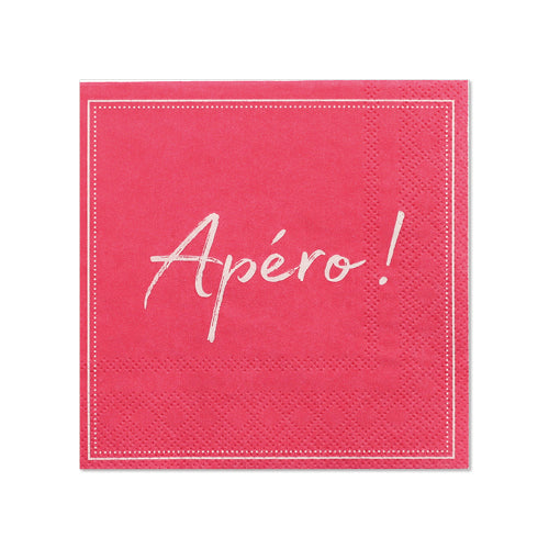 Eine rote Serviette der PAPSTAR GmbH, 25x25 cm, 3-lagig, mit gepunktetem Rand und „Apéro!“ in weißer Schreibschrift in der Mitte. Packung mit 20 Stück (1/4-Falz).