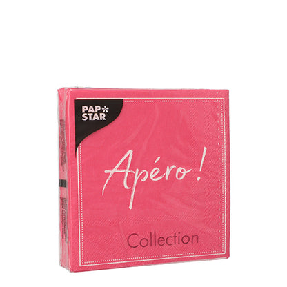 Pictured is a sealed pink package with 20 PAPSTAR napkins (25x25 cm, 3-ply, 1/4-fold) of PAPSTAR GmbH with white text on the front and a black corner label.