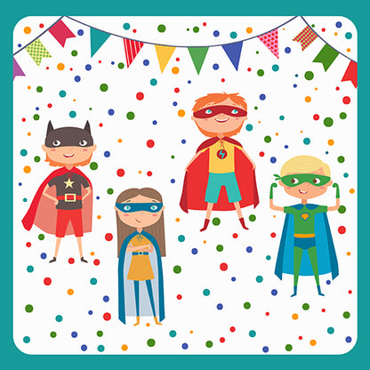 Four cartoon children as superheroes pose in front of a white background with confetti and banners. Complete the festive scene with PAPSTAR 20 napkins, 33x33 cm, 3-ply, by PAPSTAR GmbH - perfect for any superhero party!
