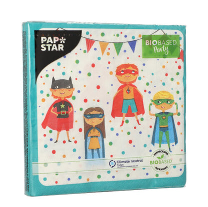 PAPSTAR 20 napkins, 33 x 33 cm, 3-ply by PAPSTAR GmbH: Colorful design with superhero children on white background with dots and garlands. Packaging emphasizes the use of bio-based materials.