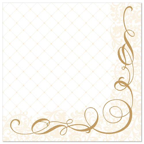Die PAPSTAR GmbH 50 Servietten "ROYAL Collection" sind weiße, 40 x 40 cm große Papierservietten mit dezentem Rautenmuster und eleganten goldenen Blumenwirbeln in der rechten unteren Ecke.
