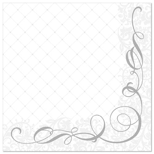 Die PAPSTAR 50 Servietten "ROYAL Collection" 1/4-Falz 40 x 40 cm grau der PAPSTAR GmbH zeigen ein weißes, quadratisches Design mit dezentem Blumen- und Rautenmuster und einem eleganten grauen Wirbel am unteren rechten Rand.