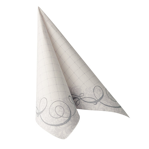 Eine einzelne PAPSTAR-Serviette aus der ROYAL-Kollektion, 40x40 cm in Grau mit dezentem Karomuster und dekorativem Rand, steht gefaltet vor weißem Hintergrund - ideal für elegante Serviettenarrangements. Packung mit 50 Stück.