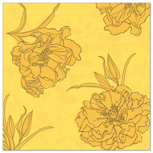 Ein gelber Hintergrund mit braun umrandeten, detaillierten floralen Motiven und überlappenden Blättern, inspiriert von den 50 Servietten "ROYAL Collection" 1/4-Falz 40 x 40 cm gelb der PAPSTAR GmbH.