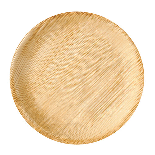 Der PAPSTAR 6 Teller, Palmblatt „pure“ rund von PAPSTAR GmbH zeigt natürliche Holzmaserung und feine Linien, ist biologisch abbaubar sowie umweltfreundlich und präsentiert sich in hellem Braun aus der Vogelperspektive vor weißem Hintergrund.