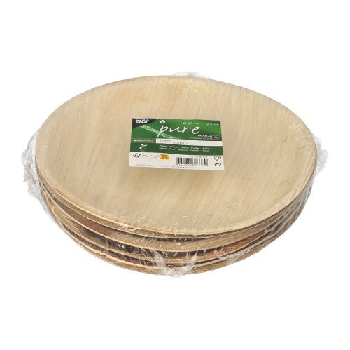 A stack of round PAPSTAR 6 plates, palm leaf "pure" round by PAPSTAR GmbH, packaged in clear plastic with green-white label - perfect as biodegradable, environmentally friendly tableware for any celebration.