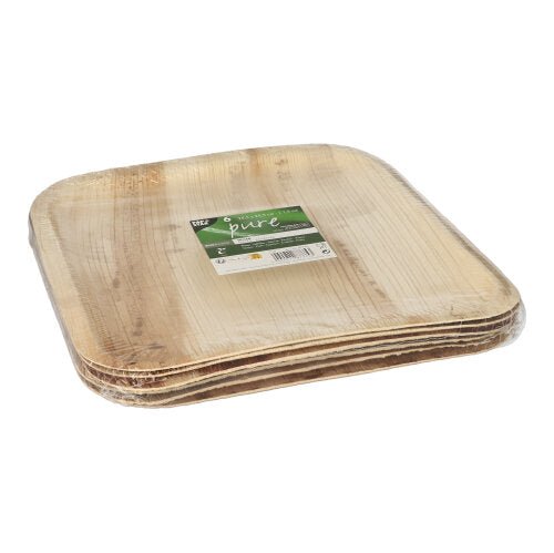 A stack of square PAPSTAR 6 plates, palm leaf “pure” square by PAPSTAR GmbH, packaged in a transparent plastic wrapping with a green-white label on top.