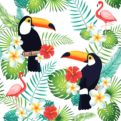 Zwei illustrierte Tukane sitzen auf Zweigen mit tropischen Blättern und Blüten, während zwei rosa Flamingos inmitten des Laubes stehen. PAPSTAR 20 Servietten, 40 x 40 cm, 3-lagig, 1/4-Falz, von PAPSTAR GmbH. Weißer Hintergrund.