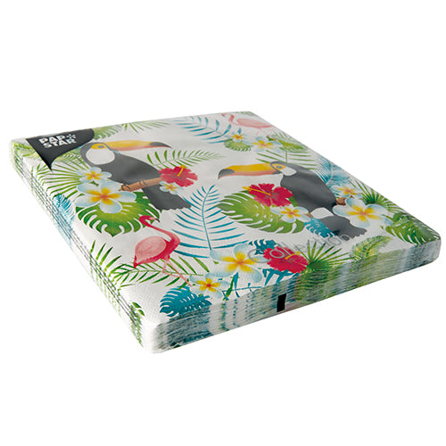 Ein Stapel PAPSTAR 20 Servietten der PAPSTAR GmbH, 3-lagig, 40x40 cm mit tropischen Tukanen, Flamingos, grünen Blättern und gelb-weißen Blumen auf weißem Grund. Aufschrift „Papierservietten“.