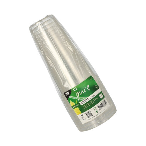 Ein 12er-Pack PAPSTAR Kaltgetränkebecher, 0,5 l aus klarem, biologisch abbaubarem PLA, gestapelt und in Folie verpackt, mit grün-weißem Etikett samt Produktinfos und Recyclingsymbolen.