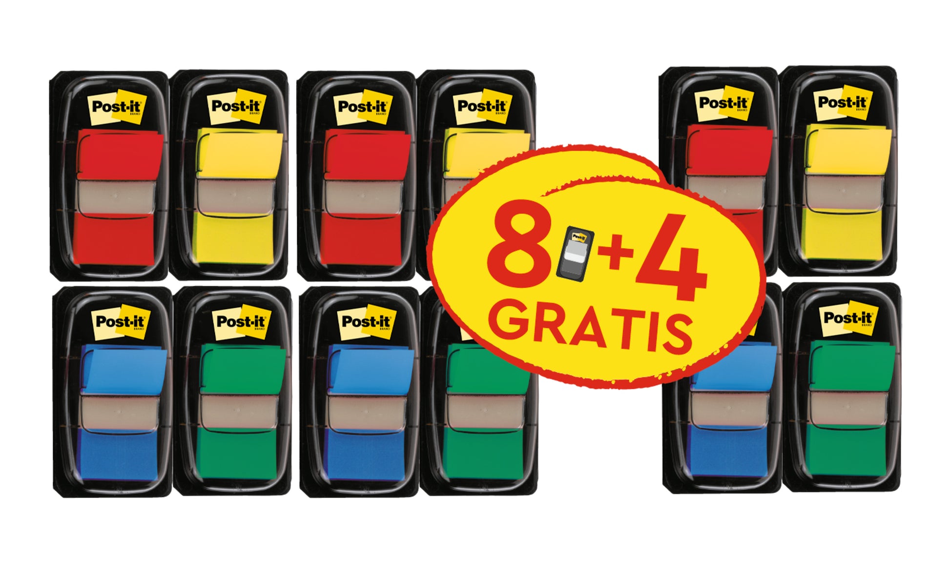 Zehn Packungen 3M Post-it® Index Haftstreifen, Standard (25,4 mm x 43,2 mm), in sortierten Farben sind abgebildet. In der Mitte befindet sich ein gelbes und rotes "8+4 GRATIS"-Etikett für die effiziente Organisation von Dokumenten. 50 Streifen/Spender, 8 Spender + 4 gratis/Set.