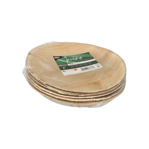 A stack of round PAPSTAR 6 plates palm leaf "pure" by PAPSTAR GmbH, light brown in natural wood look, packaged in a plastic packaging with product label - ideal as environmentally friendly tableware for any occasion.