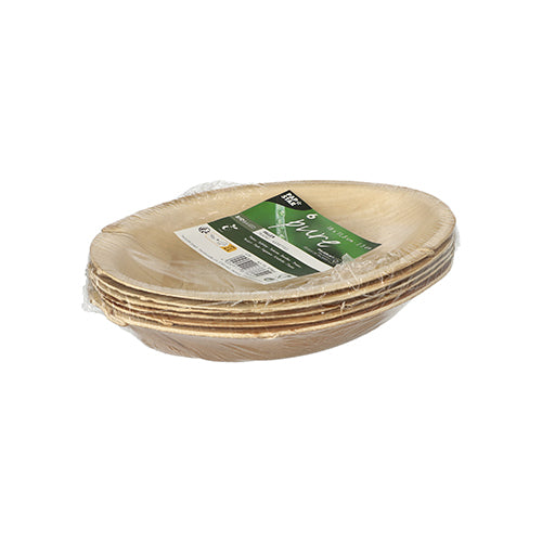 Ein Stapel ovaler 6er-Teller „Pure“ von PAPSTAR GmbH, Palmblatt, hergestellt aus natürlichem Palmblatt, in durchsichtige Folie eingewickelt und mit einem grün-weißen Etikett versehen – ideal für umweltfreundliche Veranstaltungen.