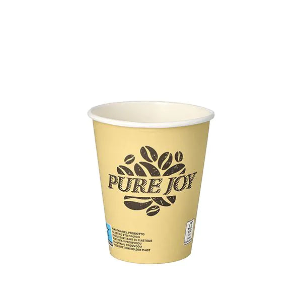 Der PAPSTAR 50 Trinkbecher, Pappe 0,2 l der PAPSTAR GmbH ist ein beiger Einweg-Pappbecher mit dem Schriftzug "Pure Joy" und einer Kaffeebohnengrafik auf weißem Hintergrund.