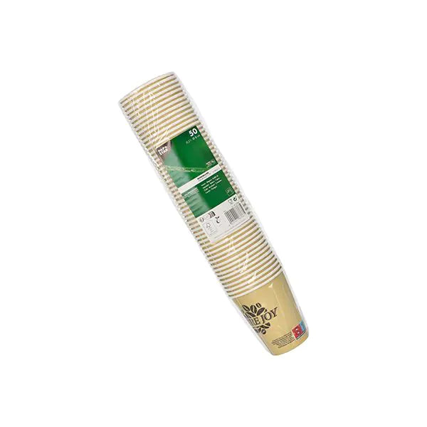 Abgebildet ist ein 50er-Pack PAPSTAR 0,2 l Pappbecher der PAPSTAR GmbH, verpackt in klarem Kunststoff mit einem grün-weißen Etikett. Die beigen Einwegbecher haben ein dezentes Streifenmuster und ein kleines Design am Rand.