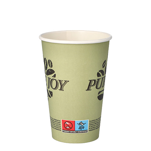Ein hellgrüner PAPSTAR 50 Trinkbecher aus stabiler Pappe (0,3 l) von PAPSTAR GmbH mit Kaffeebohnen-Grafik, kleinen Symbolen und Text am unteren Rand steht aufrecht vor weißem Hintergrund.