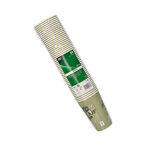 Die 50er-Packung Trinkbecher der PAPSTAR GmbH enthält Einweg-Pappbecher (je 0,3 l) im grün-weiß gestreiften Design, aus stabiler Pappe gefertigt und in Kunststoff eingehüllt; das Etikett zeigt Produktinformationen.