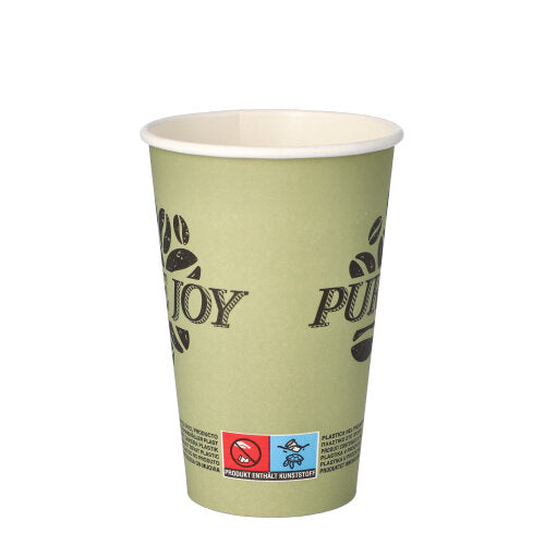The PAPSTAR 50 paper cup, 0.3l cardboard from PAPSTAR GmbH is a light green disposable paper cup with the inscription “PURE JOY” and coffee beans, as well as a small label with symbols and text at the bottom. The cup is empty and depicted upright on a white background.