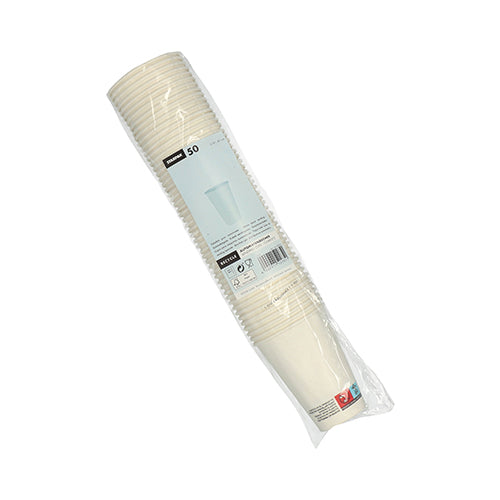 Eine Packung mit 50 weißen Starpak Automatenbechern „To Go“ (0,18 l, Ø 7 cm, 9,2 cm) wird in einer transparenten Plastikfolie mit angebrachtem Produktetikett abgebildet. Die Verpackung ist auf einem schlichten weißen Hintergrund abgebildet.