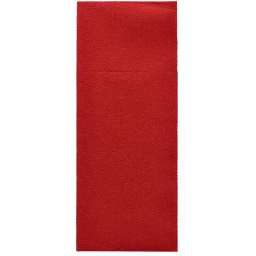 Die Starpak 100 Bestecktaschen sind rote, strukturierte Airlaid-Papierservietten (40 x 33 cm) mit horizontaler Falte, perfekt für Bestecktaschen in Restaurants.
