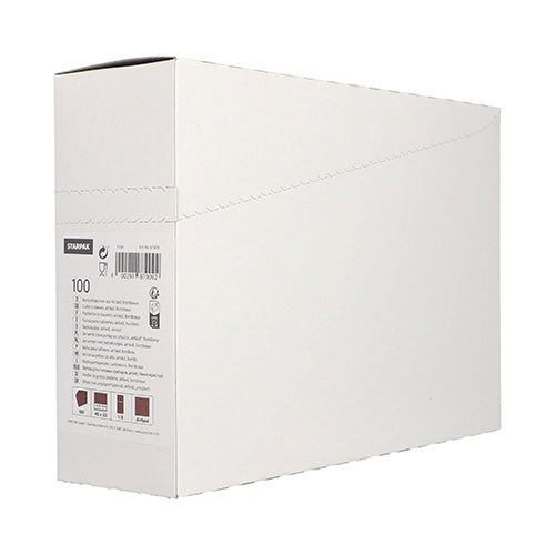 A Starpak 100 cutlery pouch Airlaid box (40 x 33 cm) stands upright with a partially open lid, revealing a label with text, symbols, and barcodes. Often used in restaurants to organize cutlery pouches against a plain white background.