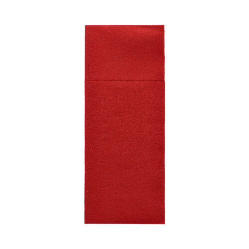 Abgebildet ist ein Starpak 100 Bestecktaschen Airlaid-Umschlag (40 x 33 cm, mit Besteckfalz) in schlichter roter, rechteckiger Form auf weißem Untergrund. Die Lasche ist nicht sichtbar.