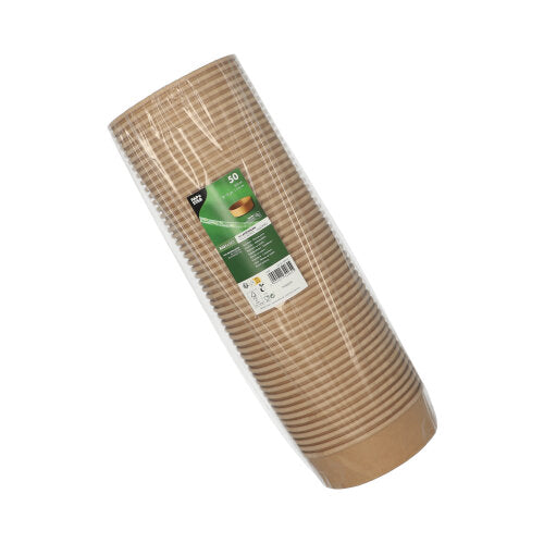 Eine versiegelte Plastikverpackung enthält einen Stapel brauner runder PAPSTAR 50 Salatschalen aus Pappe mit PLA-Beschichtung. Die Schalen sind biologisch abbaubar und tragen vorn ein grünes und weißes Etikett der PAPSTAR GmbH.