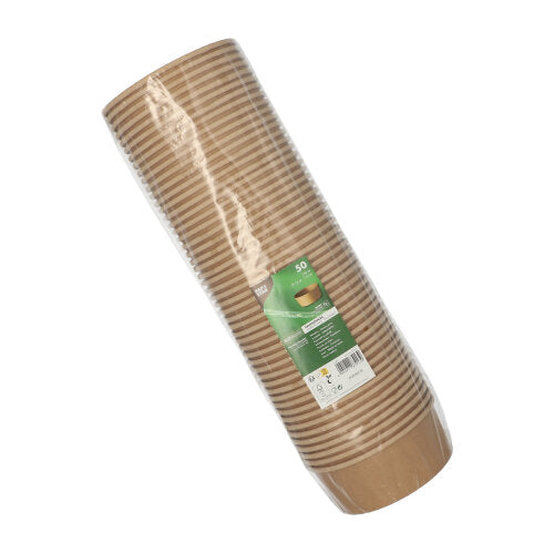 Eine versiegelte Kunststoffpackung mit 50 runden braunen PAPSTAR-Salatschüsseln aus Papier mit PLA-Beschichtung und umweltfreundlichen, biologisch abbaubaren Materialien der PAPSTAR GmbH, mit einem grün-weißen Etikett.
