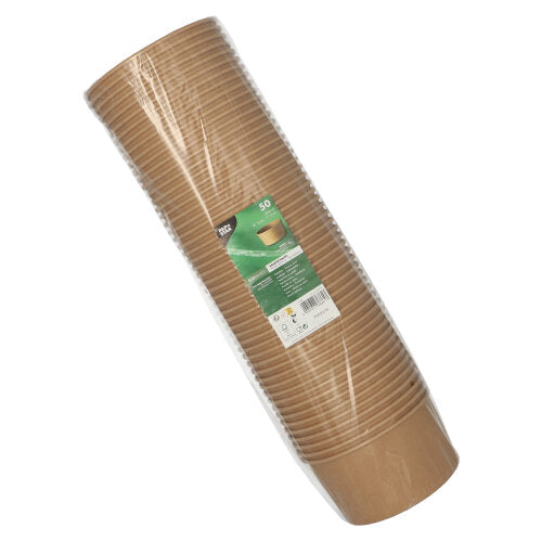 Ein kunststoffverpackter Stapel mit 50 PAPSTAR Salatschalen, rund und braun, aus biologisch abbaubarem Karton mit optionaler PLA-Beschichtung für mehr Nachhaltigkeit, von der PAPSTAR GmbH.