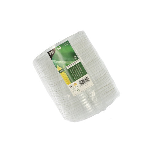 Eine Packung mit 50 klaren, runden PAPSTAR PLA-Deckeln für Salatschüsseln (2 cm hoch), in Folie eingewickelt mit grün-weißem Etikett und Barcode, hergestellt von der PAPSTAR GmbH – ideal für den umweltfreundlichen Einsatz.