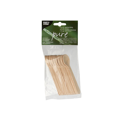 Eine durchsichtige Plastiktüte mit 25 PAPSTAR Kaffeelöffeln aus Holz „pure“, 11 cm, mit grün-weißem Etikett der Marke PAPSTAR GmbH – Ihre umweltfreundliche und nachhaltige Besteckalternative.