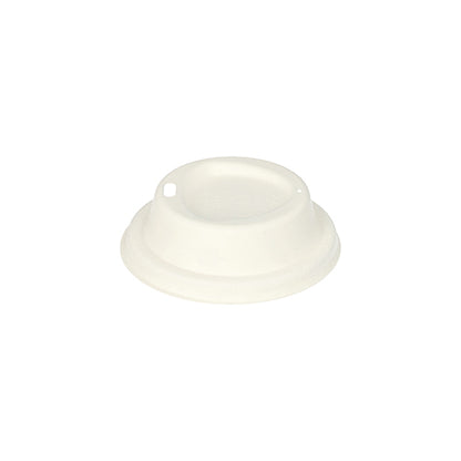The white, eco-friendly PAPSTAR 50 dome lid made of sugarcane "pure" (round, 2.5 cm height) from PAPSTAR GmbH features a recessed center and two small openings on a plain white background.