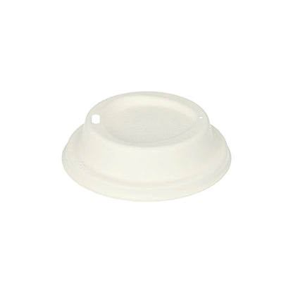 The PAPSTAR 50 dome lid, sugarcane "pure", round and white (2.5 cm), made from eco-friendly sugarcane by PAPSTAR GmbH, ideal for catering businesses and photographed on a white background with a raised center and two drinking openings.