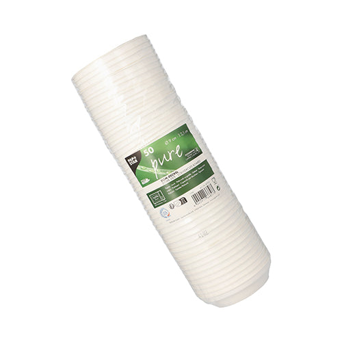 Ein Stapel von 50 weißen, runden PAPSTAR Zuckerrohrdeckeln „pure“ (2,5 cm hoch) der PAPSTAR GmbH, verpackt in Klarsichtfolie mit grünem Etikett mit Produktdetails.