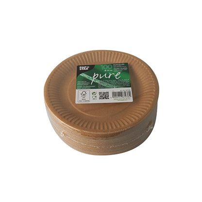 A stack of brown, round PAPSTAR 100 "pure" cardboard plates with a green label from PAPSTAR GmbH shows brand and eco-friendly info; the FSC-certified plates are neatly arranged against a white background.